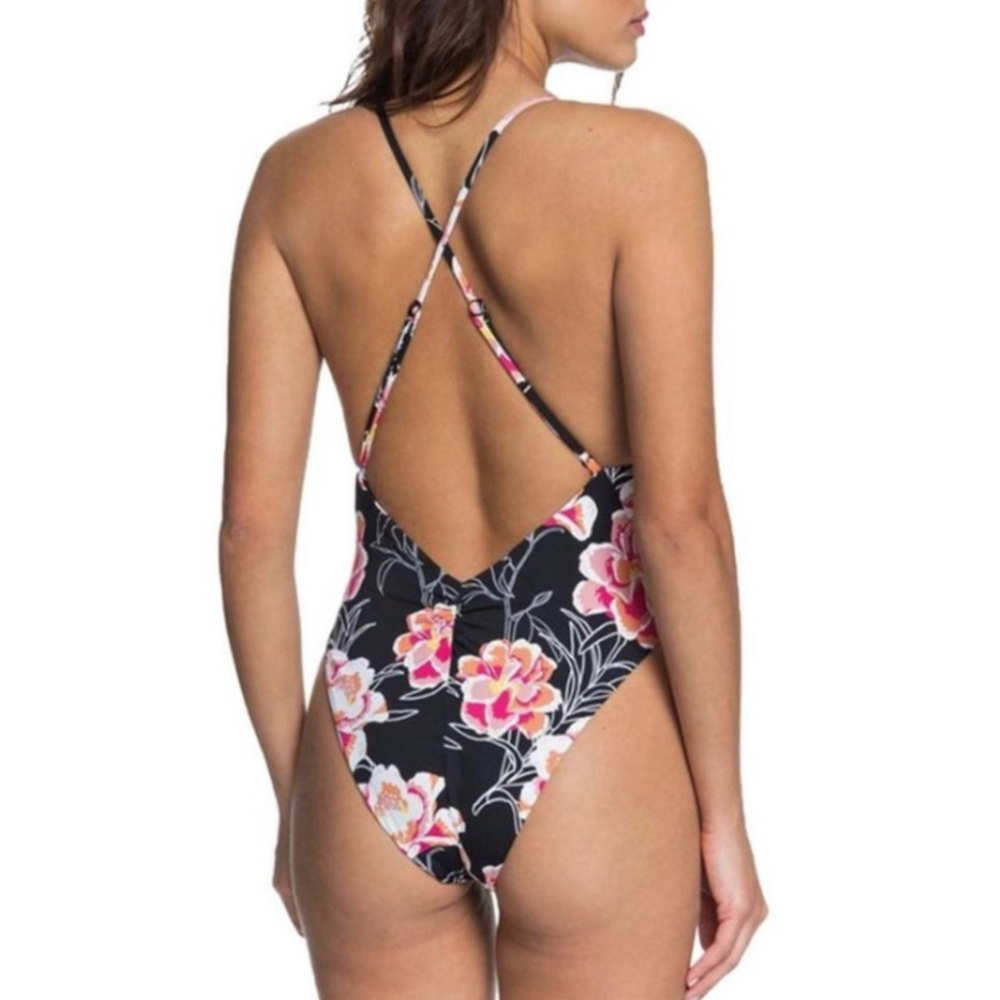 NWT ROXY Women's Black Floral Stretch Deep V Neck One Piece Swimsuit - Picture 3 of 7